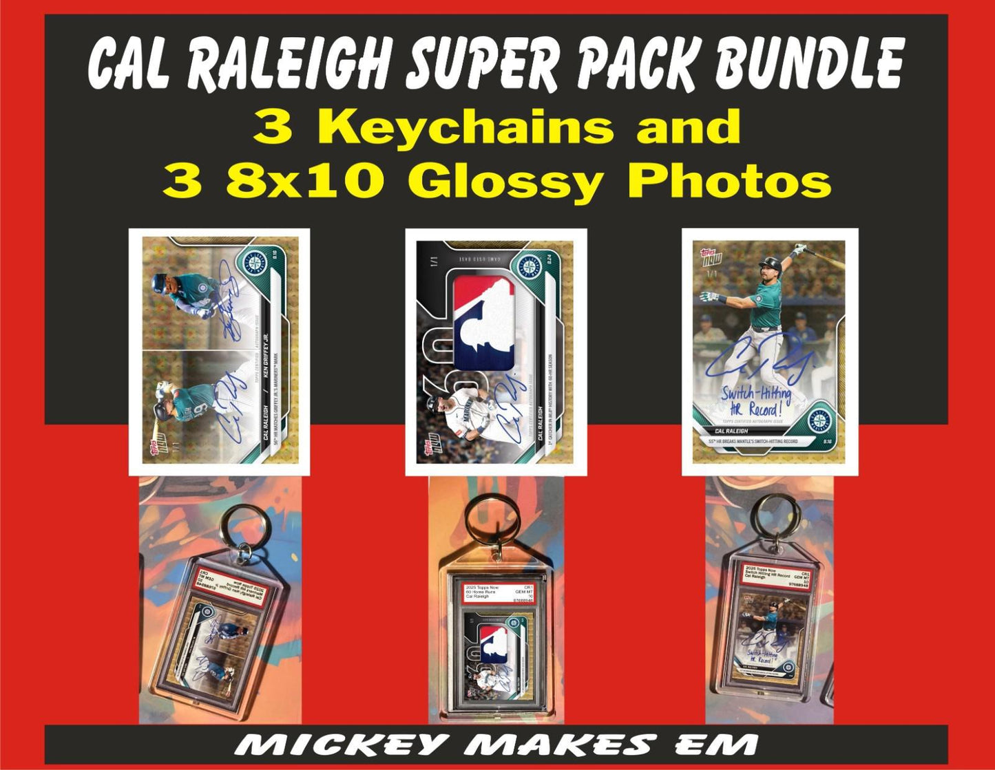 0563 Cal Raleigh Super Pack Bundle 3 Diff Keychains and 3 Glossy Photos- Gift