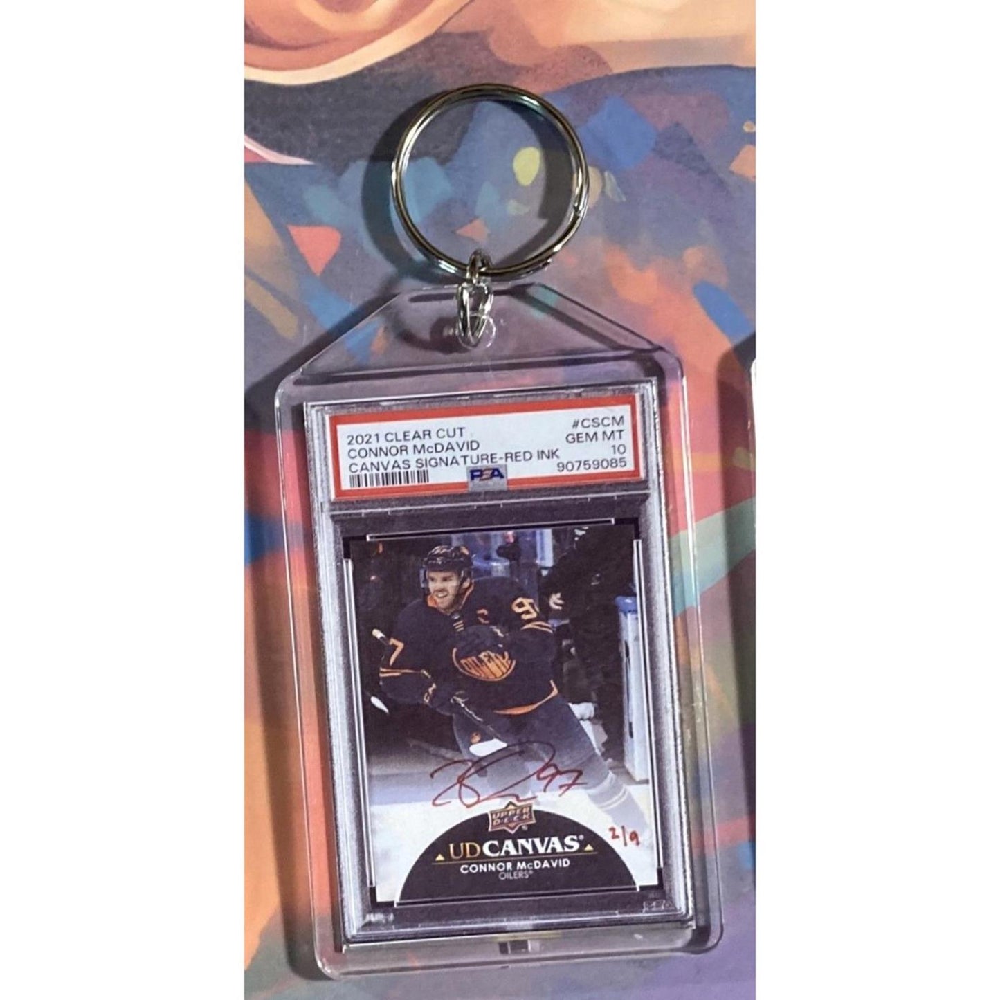 0172 Connor McDavid 2021 UD Canvas Signature Red Auto Novelty Keychain