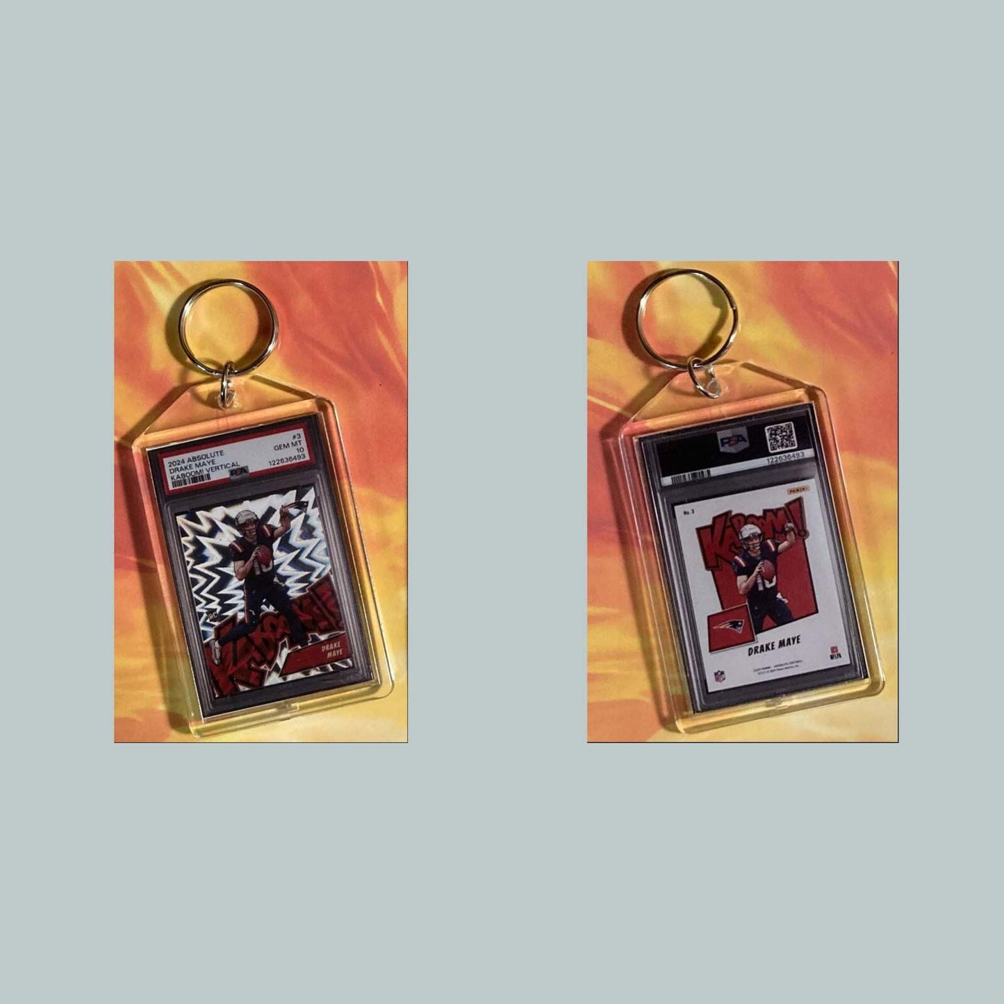 3709 Drake Maye 2024 Panini Absolute Kaboom Custom Hand Made Keychain FBL