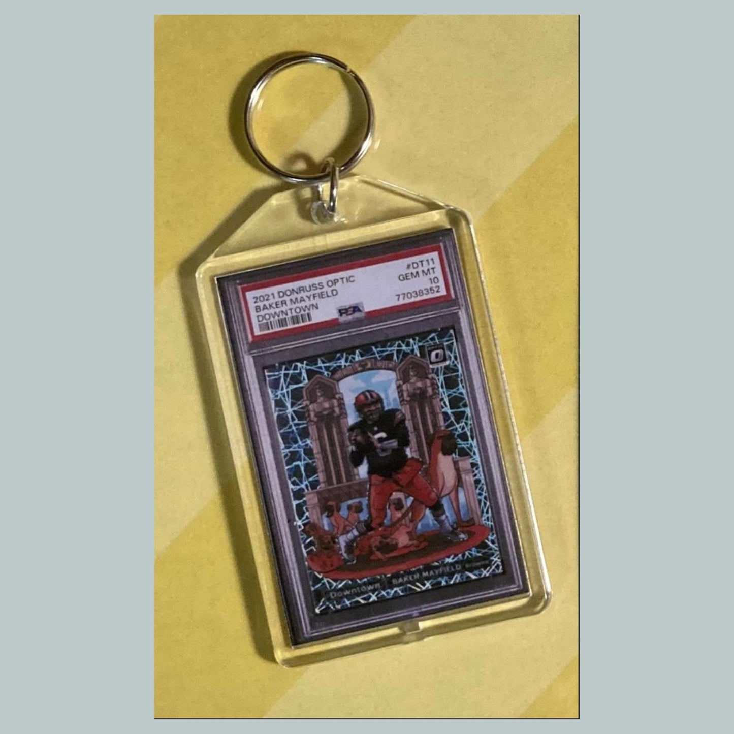 0824 Baker Mayfield 2021 Panini Donruss Optic Downtown Custom Hand Made Keychain