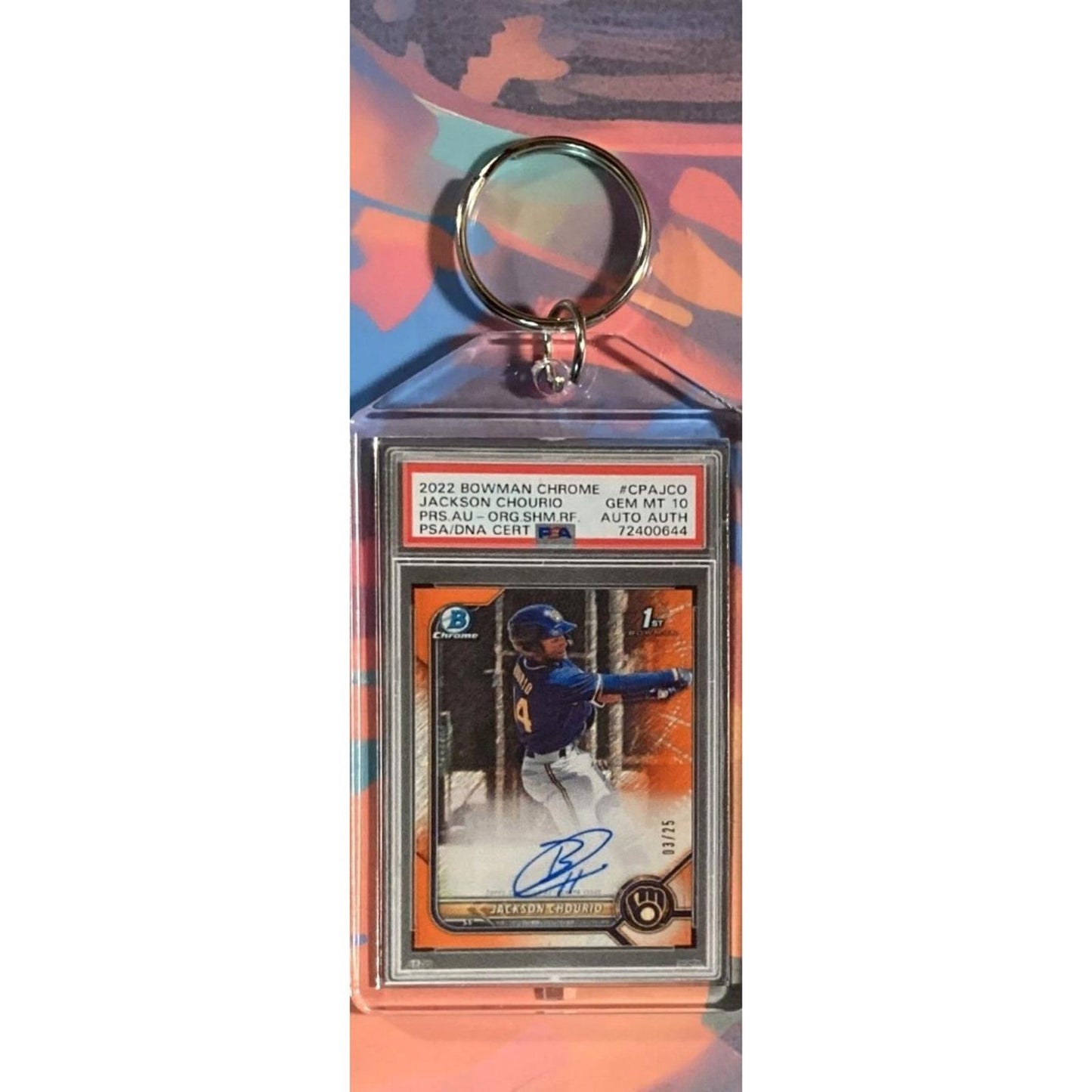 0122 Jackson Chourio 2022 Bowman Chrome Orange Auto Refractor Novelty Keychain